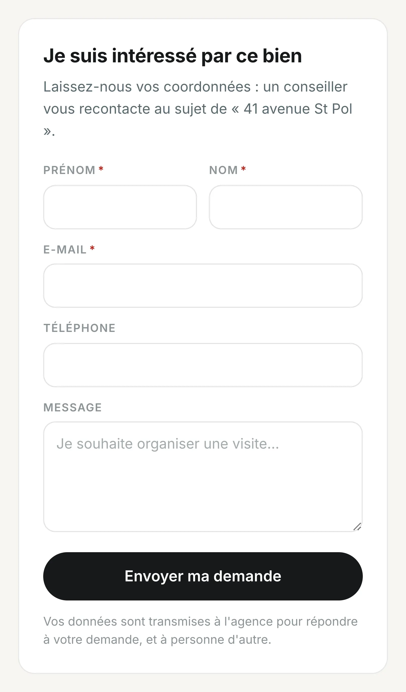 Formulaire « Je suis intéressé par ce bien » affiché sur la fiche d'une annonce : prénom, nom, e-mail, téléphone et message.